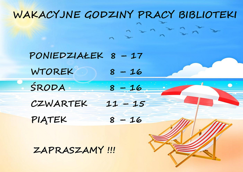 W okresie wakacyjnym (tj. w dniach od 27.06.2022 r. do 2.09.2022 r.) Biblioteka w Staszowie czynna