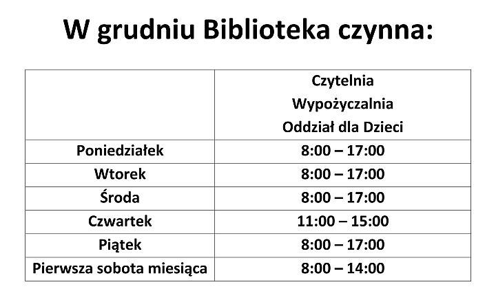 Informujemy, że w dniach 2.12.2022 r. - 30.12.2022 r. Biblioteka wprowadza nowe godziny pracy!